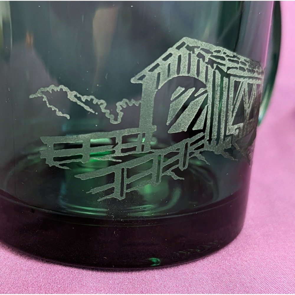 Libbey Emerald Green Glass Coffee Mug 12oz White Etched Covered Bridge Country